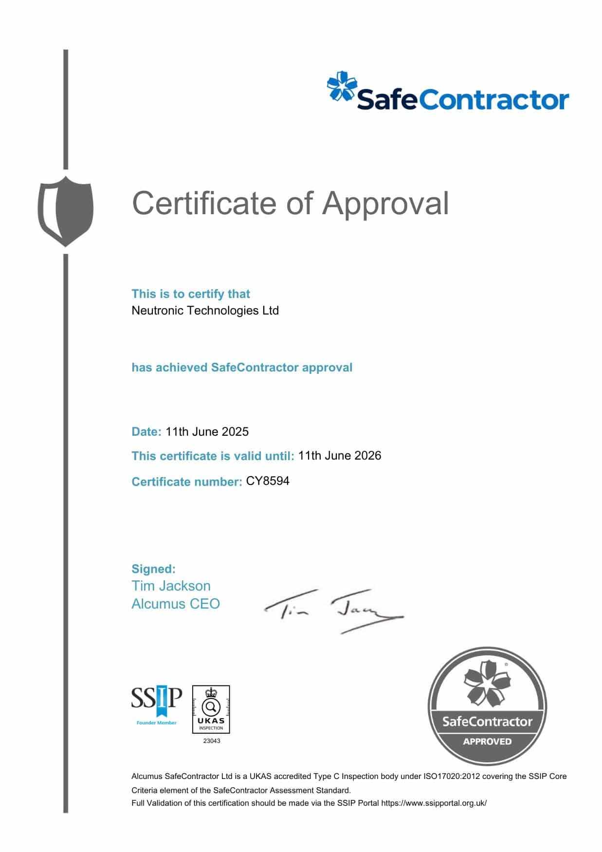 Neutronic has achieved SafeContractor approval