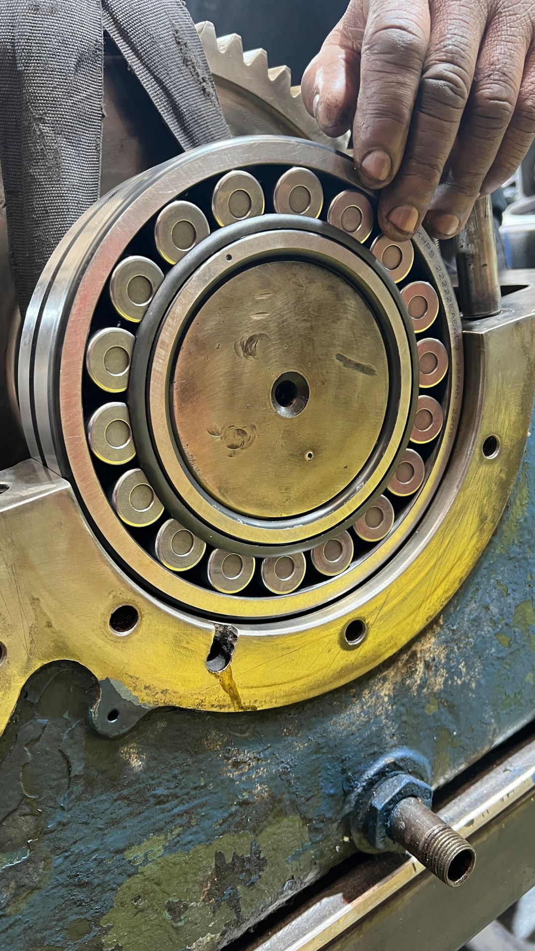 A close-up view of a large, heavy-duty industrial gearbox bearing with two rows of cylindrical rollers, surrounded by a metal casing. A hand is seen holding a section of the bearing. Industrial Motor Gearbox Repairs specialists Neutronic Technologies.