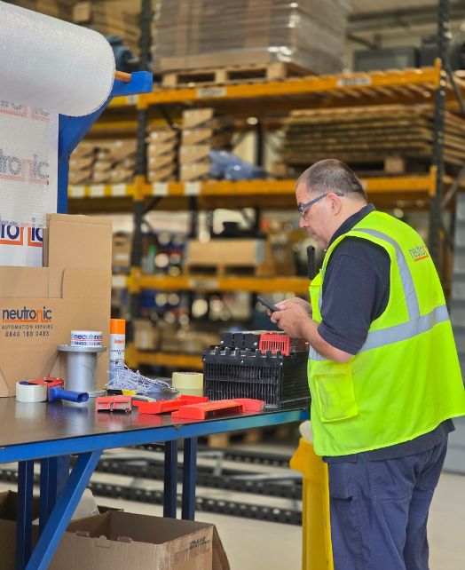 Warehouse worker in a high-visibility vest handling tools and equipment at Neutronic Technologies Warehouse station with Neutronic-labeled boxes and shelves of inventory in the background