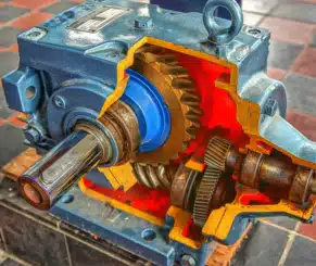 Cutaway view of an industrial gearbox showing internal gears, shafts, and housing in blue and yellow casing – mechanical power transmission component for heavy-duty applications.