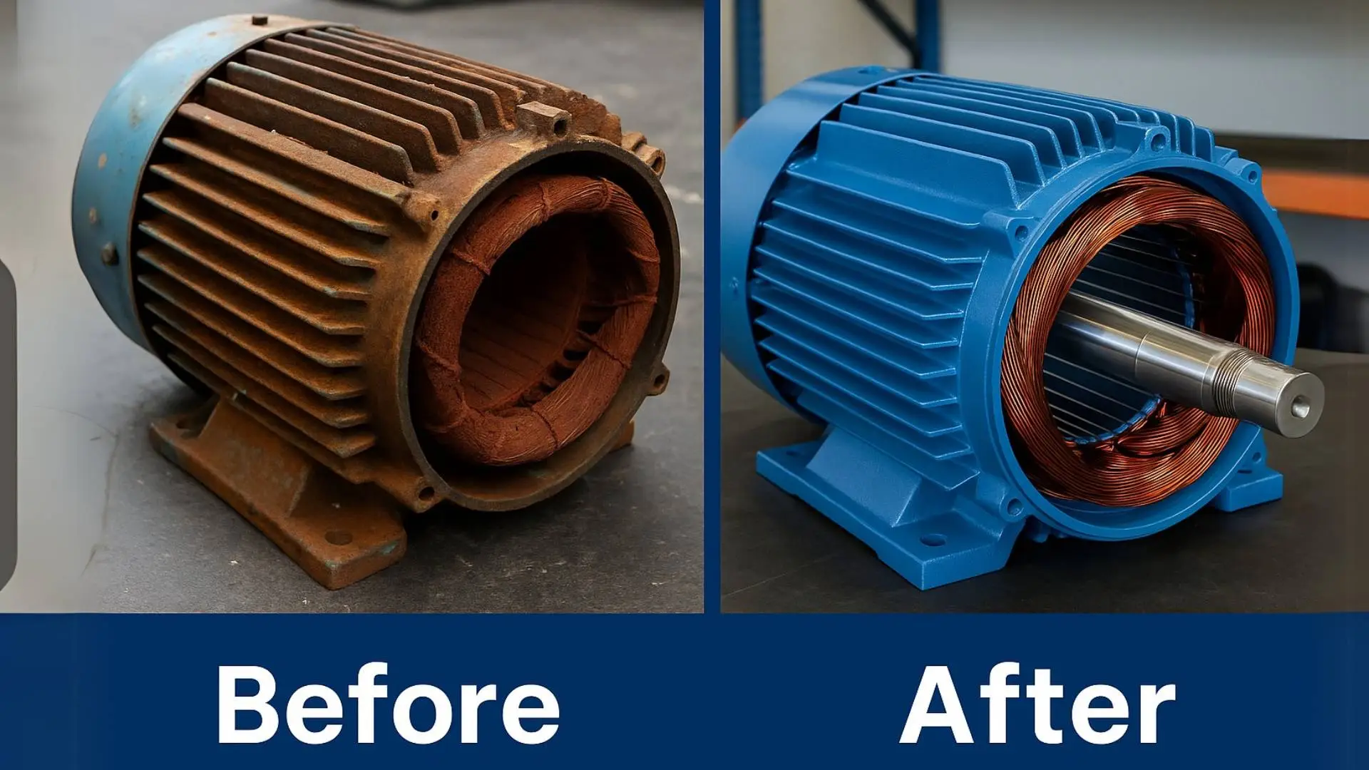 Preventative Maintenance in Industrial Automation: Side-by-side comparison of an electric motor before and after service. The 'Before' side shows a rusted, worn-out motor, while the 'After' side features a clean, refurbished motor with fresh blue paint and polished components.
