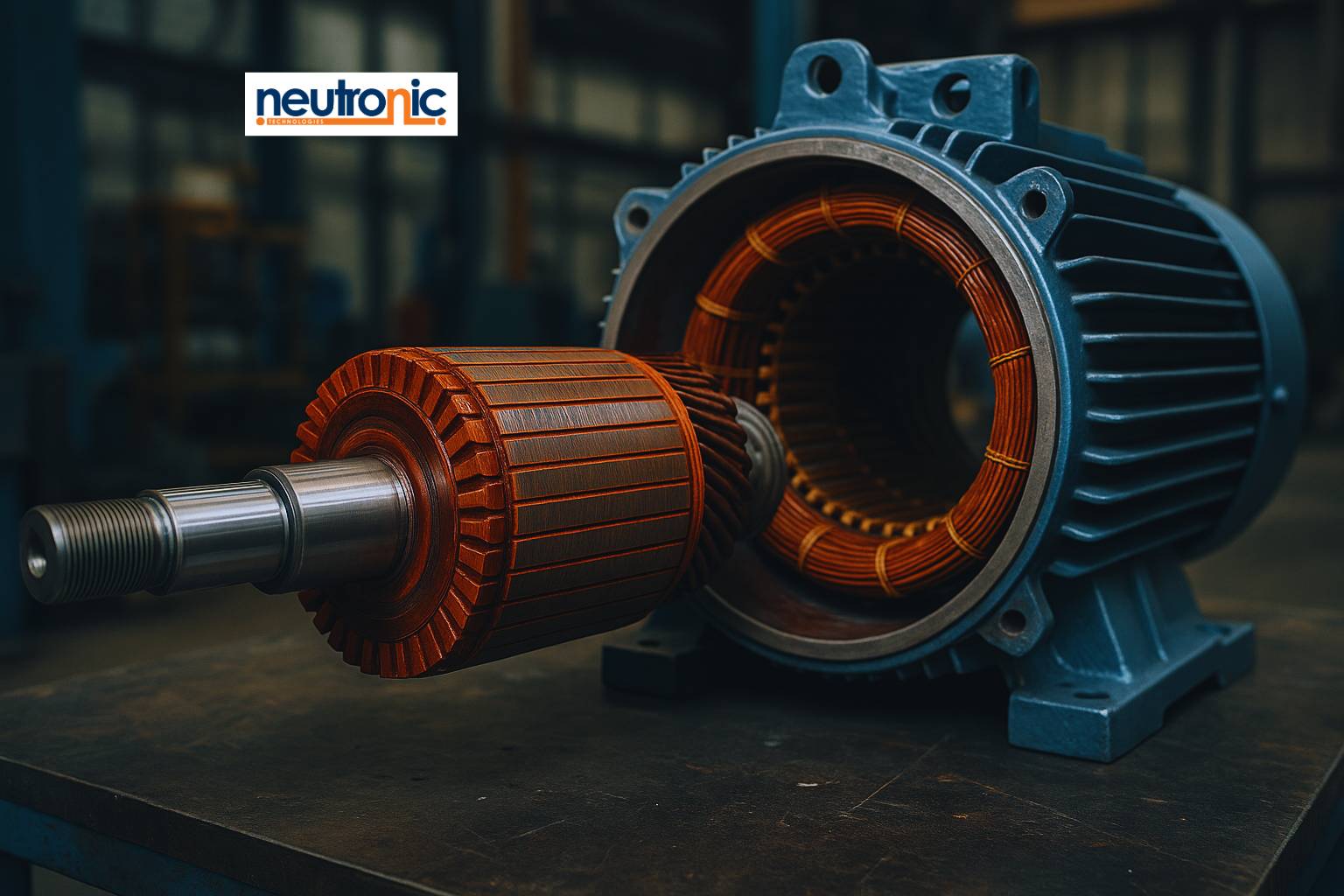 Electric Motor Overhaul in progress: A disassembled electric motor showing detailed rotor and stator components with copper windings. The rotor is positioned in front of the stator in a workshop setting, with the Neutronic logo visible in the upper left corner.