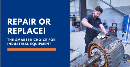 Neutronic Technologies engineer repairing an industrial electric motor in the workshop, supporting the message repair or replace the smarter choice for industrial equipment.